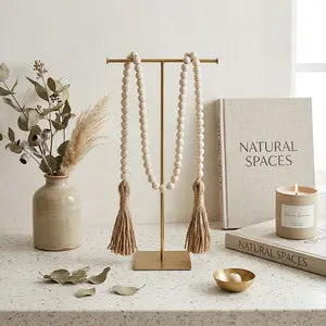 1pc Natural Wood Bead Garland with Handmade Jute Tassels, Boho Farmhouse Decorative Beads for Tray Coffee Table Mantle, Minimalist Rustic Home Decor Ornament, Ideal for Gifting and Room Styling