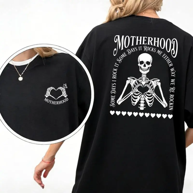 Motherhood Skeleton Heart Shirt Edgy Mama Gift Some Days I Rock It Graphic Tee Gothic Aesthetic Mother’s Day T-shirt for Cool Moms