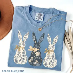 Comfort Colors Floral Bunny T-Shirt, Coquette Bow Easter Shirt for Women, Cute Bunnies T-Shirt, Easter Gift