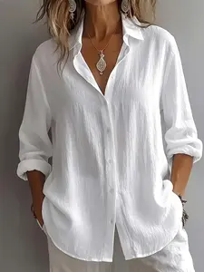 Women's Elegant Vacation Style V-Neck Top, Casual Collared Loose Linen Blend Shirt, Commuter Casual Literary Style, Slimming Comfortable Blouse