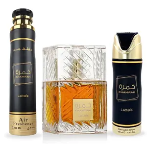 Lattafa Khamrah For Unisex 3 Piece Gift Set (3.4 Fl Oz EDP + 6.67 Fl Oz Deo + 10.14 Fl Oz Air Freshener)