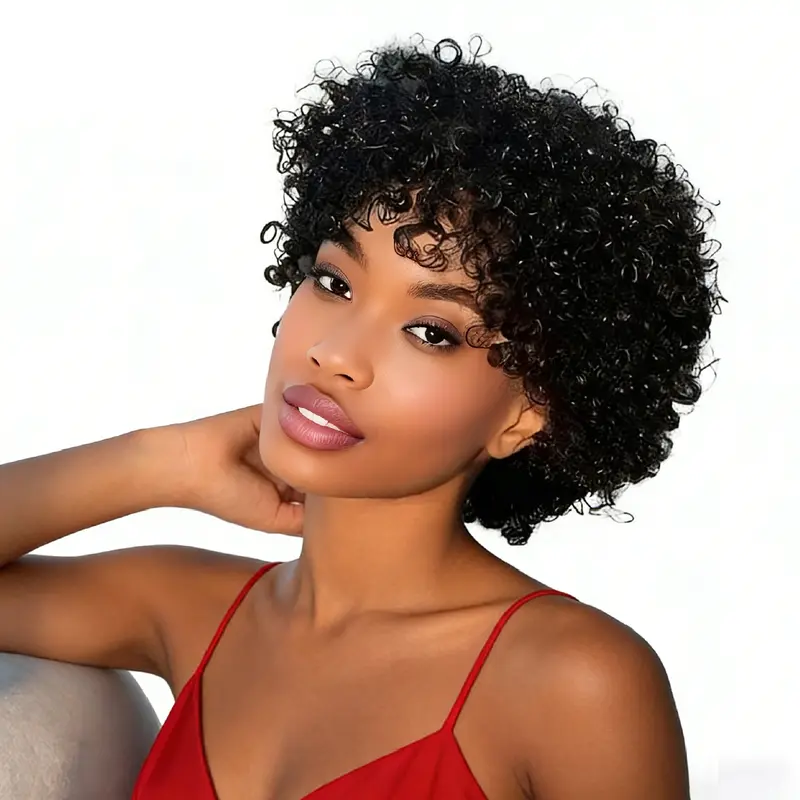 MIUULAAR Women's 6 Inch Glueless Wear And Go Short Afro Curly Human Hair Full Machine Wig with Bangs - Flexible, Lightweight, Tangle-Free Curls Brazilian Virgin Wig for Daily Use, Cosplay