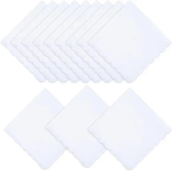 12 Pcs White Cotton Handkerchiefs for Women 11.8"x11.8" Pocket Hankies Scalloped Square Towel for Wedding Party Gift