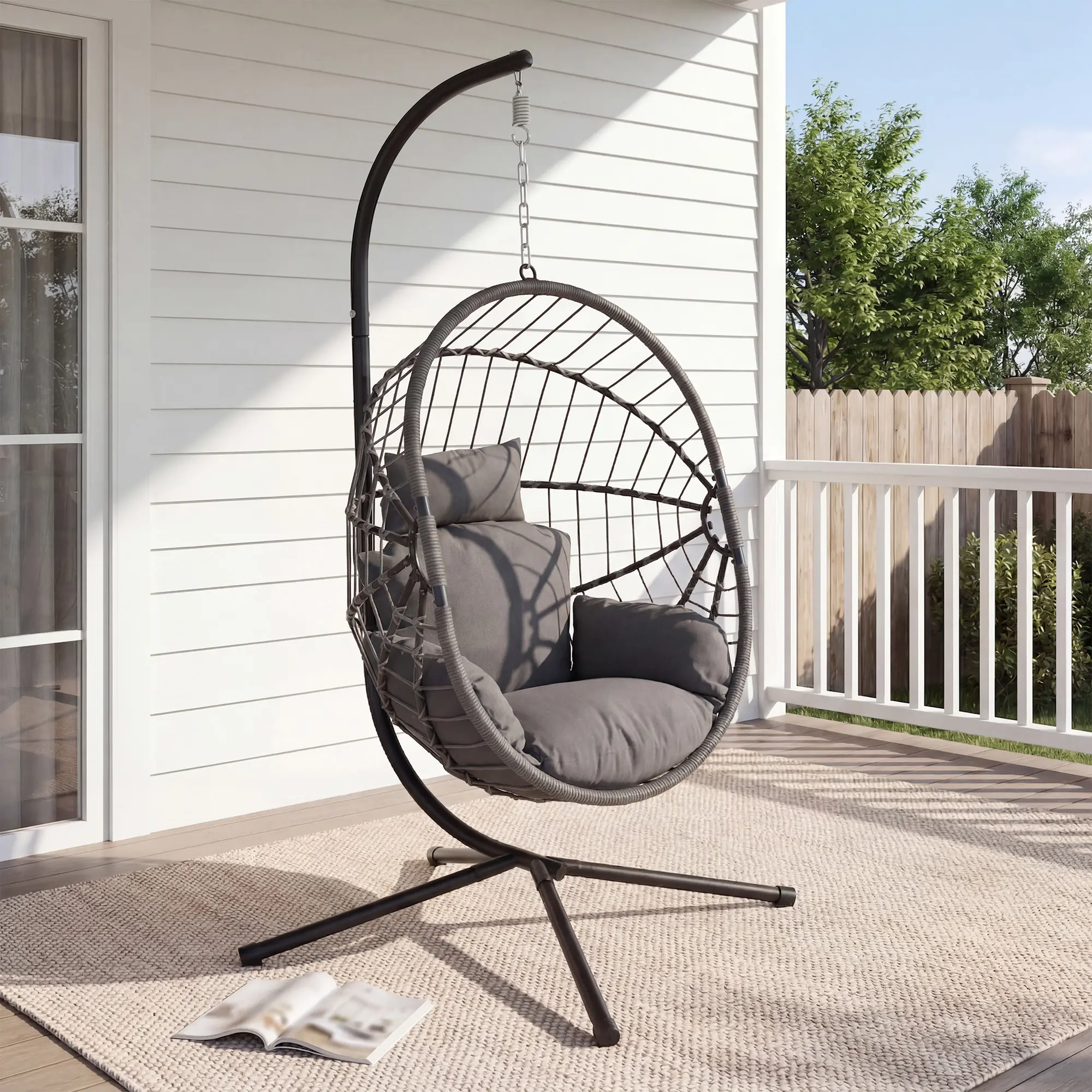 Hanging Egg Chair with Stand, Outdoor Indoor Rattan Wicker Egg Swing Chair with Cushion, Heavy Duty Patio Hammock Chairs for Garden Backyard Balcony Bedroom, 300LBS Capacity,Summervibes