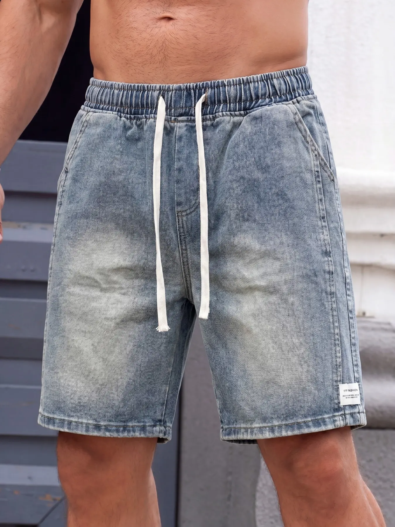 Men's Summer Thin Denim Jeans, Loose Jorts Trendy Casual Pants, Drawstring Waist Pocket Short Jeans, Comfortable Party Campus Wear, Fashionable Plain Style
