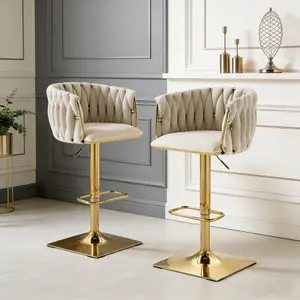 Modern Swivel Bar Stools Set of 2, Velvet Adjustable High Kitchen Island Chairs, Upholstered Height Counter Stools with Backrest & Footrest for Kitchen, Dinning