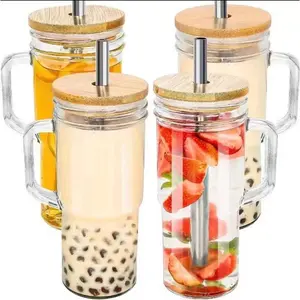 24oz Glass Cups with Lids and Straws - Glass Tumbler cup with bamboo lids and straw iced coffee cup