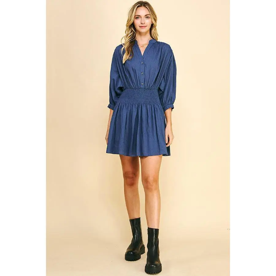 MANDARIN COLLAR SMOCKED MINI DRESS