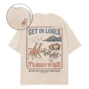 Women's Christian Short-Sleeve T-Shirt - "Get In Loser It's About to Rain" Noah's Ark Graphic, Casual Boxy Oversized, Soft Fabric, Everyday Faith Tee