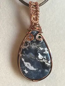Plume agate teardrop copper wire-wrapped pendant