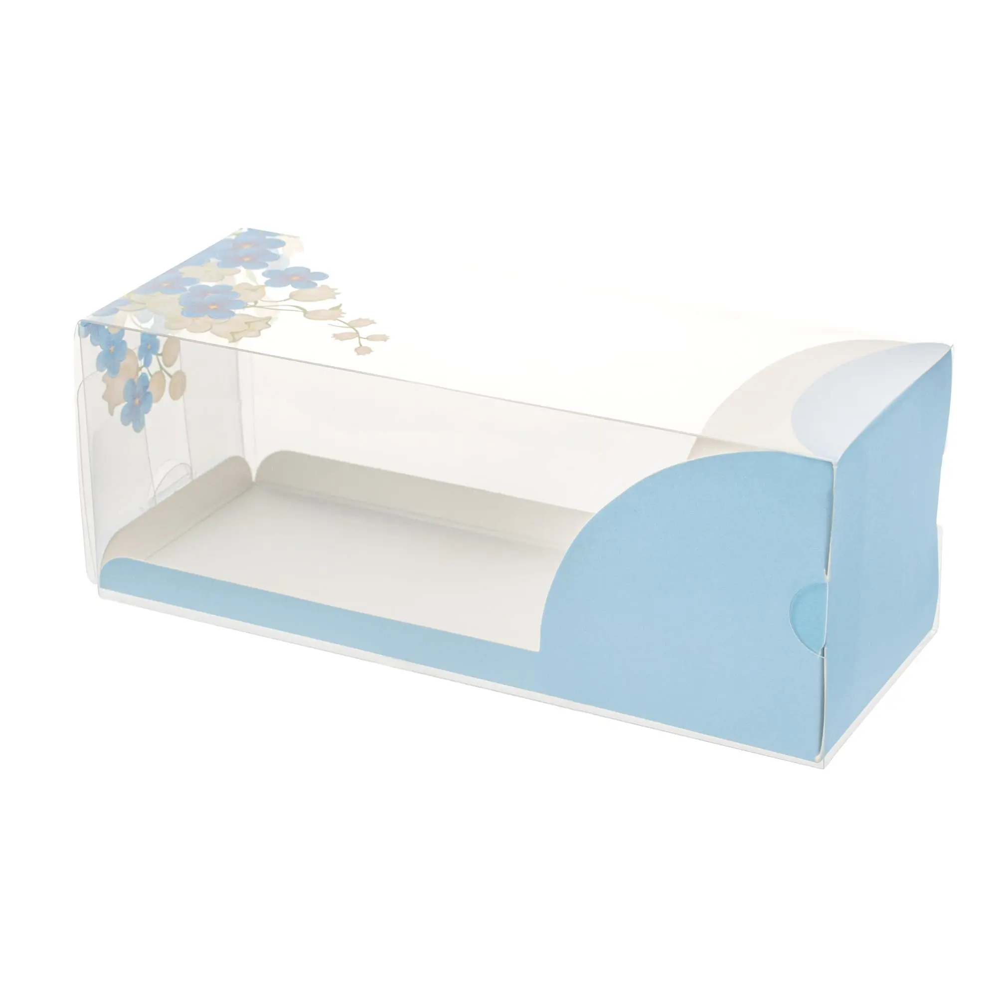 Restaurantware-7 Inch x 2.5 Inch Clear Dessert Boxes, 100 Blue Paper Sleeve Transparent Candy Boxes - Flower Accent, No Grease Lining, Clear Plastic Clear Favor Boxes, Crack Resistant, Disposable