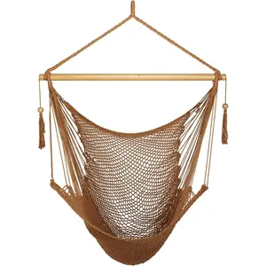 Hammock Chair with Spreader Bar Caribbean Hammock Swing Chair 300 LBS Weight Capacity XL Rope Hanging Chair for Outdoor Indoor Garden Yard - Brown
