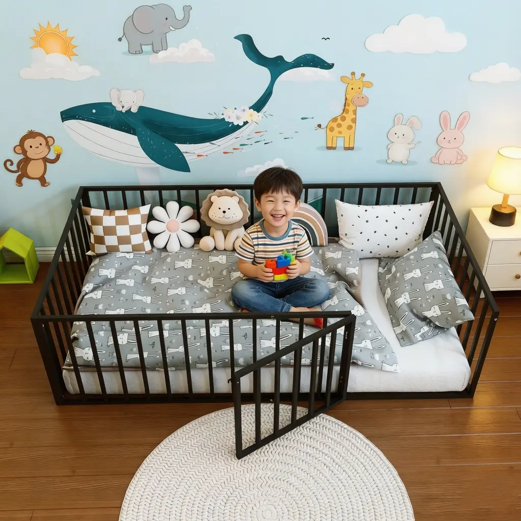 Twin Floor Bed with Fence and Door, Heavy Duty Metal Montessori Floor Bed with Rails, Low-Profile Montessori Beds, Black