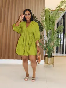 Women's Casual V Neck Loose Waist Pleated Dress, Short Sleeve Summer Fashion, Fitted Style, Moderate Woven Fabric Thickness