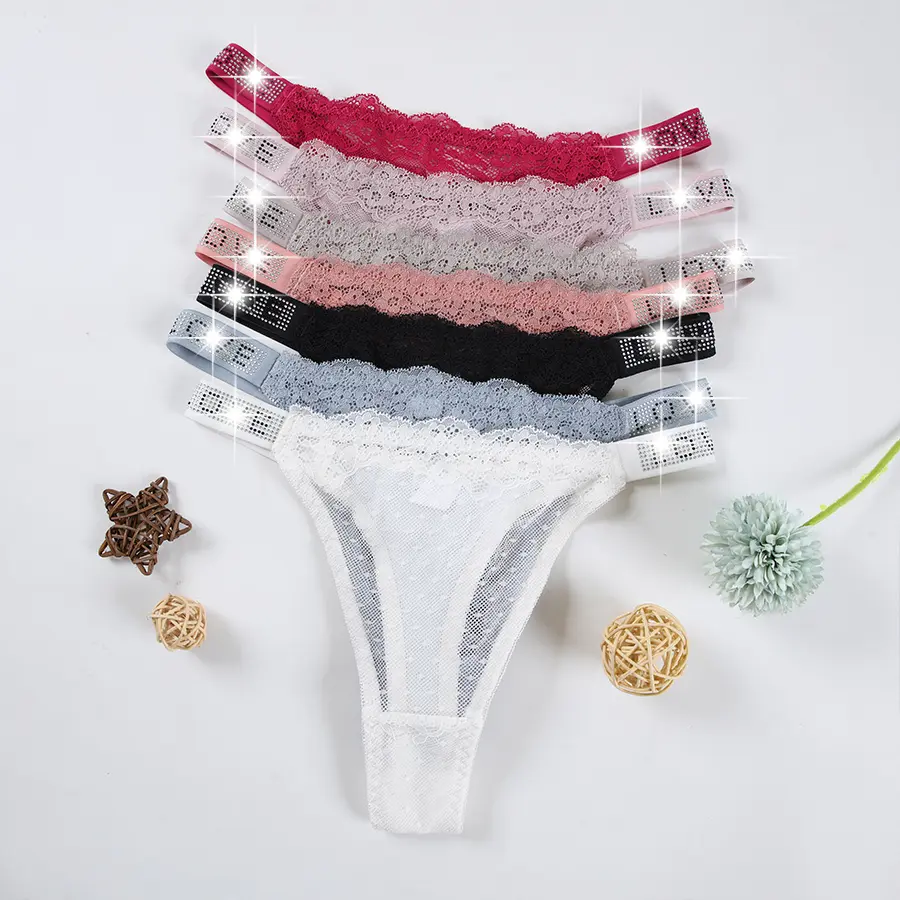 7Pcs Women's Sexy Lace Thongs with Rhinestone LOVE Letter Strap, Low Rise Sheer Mesh G-String Panties, Sparkling Crystal T-Back Underwear Multi Color Pack