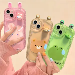 Cream Border Cute Animal Smartphone Case, Pink Bunny-Green Frog-Brown Bear Pattern Cover for iPhone, Handheld Cellphone Accessories