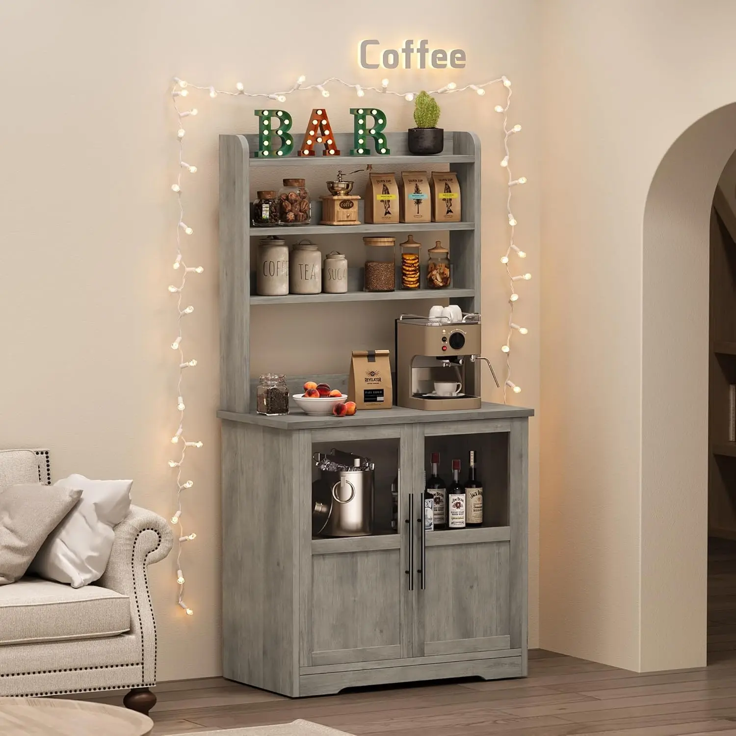 Farmhouse Bakers Rack with Power Outlet, Microwave Stand Cabinet with Thickened Countertop & Storage Shelves, Small Kitchen Coffee Bar Station, Freestanding Pantry Organizer for Dining Room