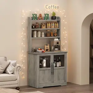 Farmhouse Bakers Rack with Power Outlet, Microwave Stand Cabinet with Thickened Countertop & Storage Shelves, Small Kitchen Coffee Bar Station, Freestanding Pantry Organizer for Dining Room