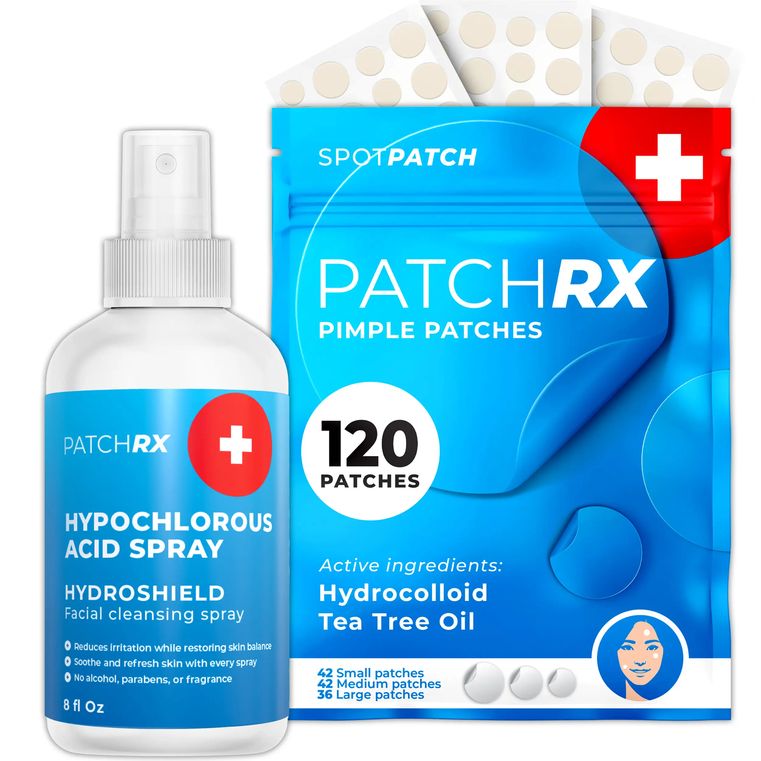 PatchRx Clear Skin Bundle – Hypochlorous Acid Spray (8oz) & Pimple Patches, Acne care set targets bacteria, pimples, breakouts & redness, includes HOCL facial cleanser spray + hydrocolloid zit stickers with tea tree oil & salicylic acid for fast healing