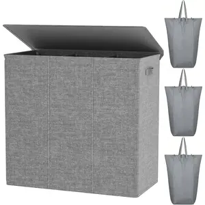 180L Laundry Hamper with Lid 3 Section,Large Laundry Basket with Removable Bags and Handles,Collapsible Dirty Clothes Hampers for Laundry,Laundry Basket Organizer for Laundry Room,Dorm,Grey
