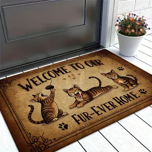 Cute Cat Doormat Welcome To Our Fur Ever Home Entrance Mat for Front Door Kitchen  Floor Mat with Paw Prints and Funny Cat Design Home Decorative Rug Home Decoration for Pet Lovers