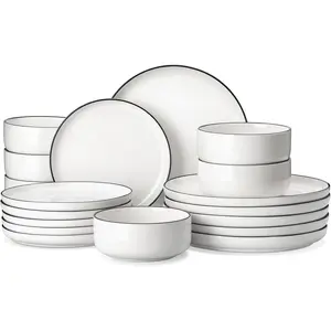 Plates and Bowls Sets, 18 count Modern Porcelain Dinnerware Set for 6 White Kitchen Dinner Ware Set wtih Black Rim Ceramic Dishware Dishes Microwave and Dishwasher Safe, Series LUNA