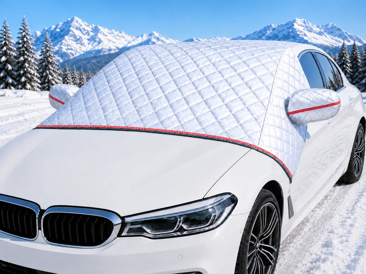 Heavy Duty Windshield Snow Cover for Ice and Frost, Thick Quilted Car Windshield Protector with Side Mirror Cover, Red Reflective Strips, Wind Resistant All Weather Winter Cover for Car