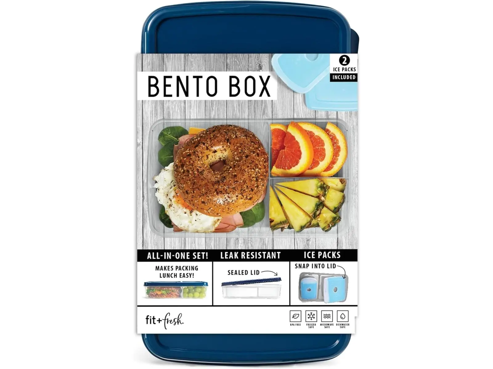 Fit & Fresh 826LOTGMOD Bento Adult & Kids Lunch Box Container with 2 Slim Clip-in Ice Packs - Navy