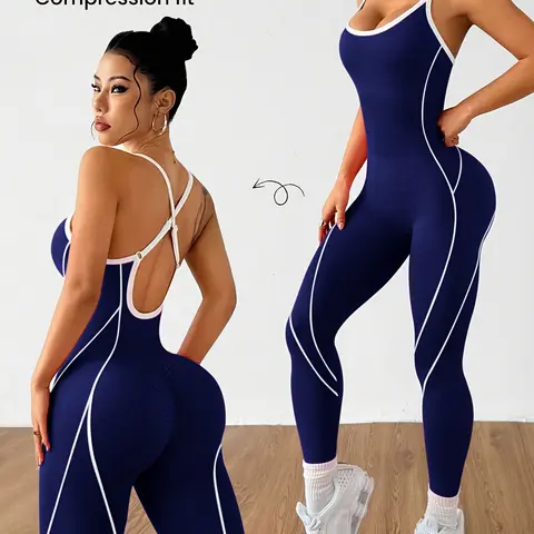 Women's Back-Adjustable High-Compression Workout Jumpsuits - Full-Length, Outline-Seam Body-Shaping, Moisture-Wicking Skinny Gym Clothes for Pilates, Daily Casual Use, Adjustable Strap Women's Sports Jumpsuits