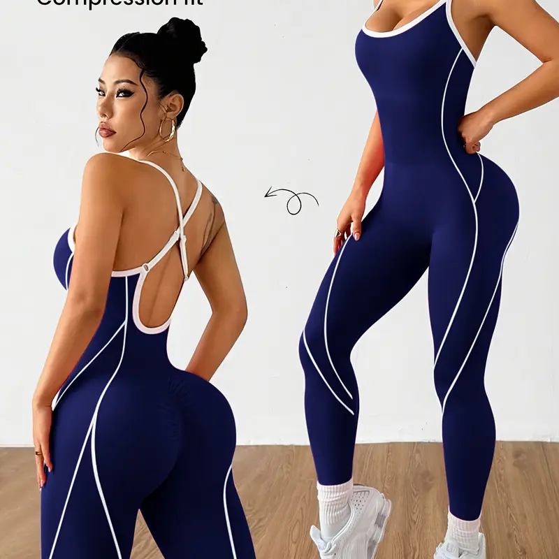 Women's Back-Adjustable High-Compression Workout Jumpsuits - Full-Length, Outline-Seam Body-Shaping, Moisture-Wicking Skinny Gym Clothes for Pilates, Daily Casual Use, Adjustable Strap Women's Sports Jumpsuits