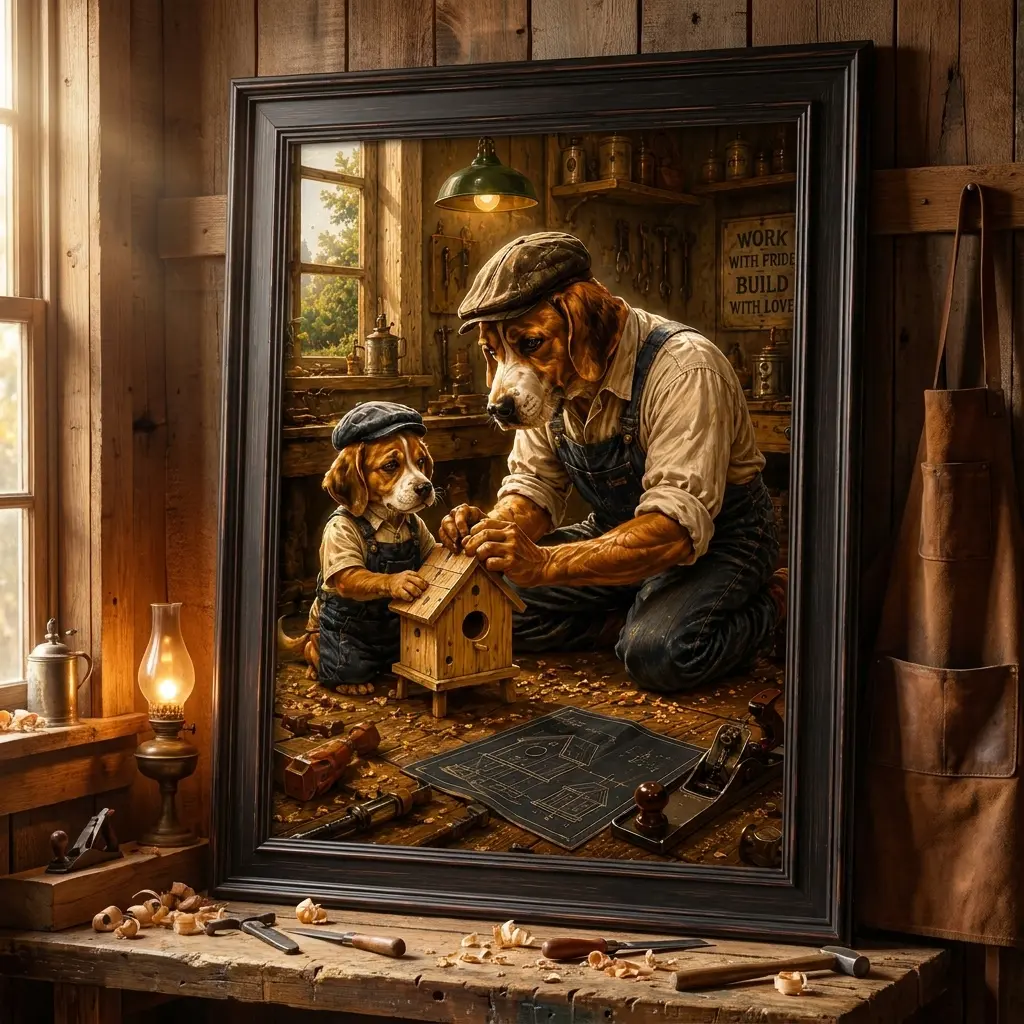 Framed Canvas Wall Art - Plain Heartwarming Father & Child Woodworking Scene Print with Rustic Black Plastic Box Frame, Family Bond Home Decor for Living Room, Kid Room, Rustic Look Wall Decoration