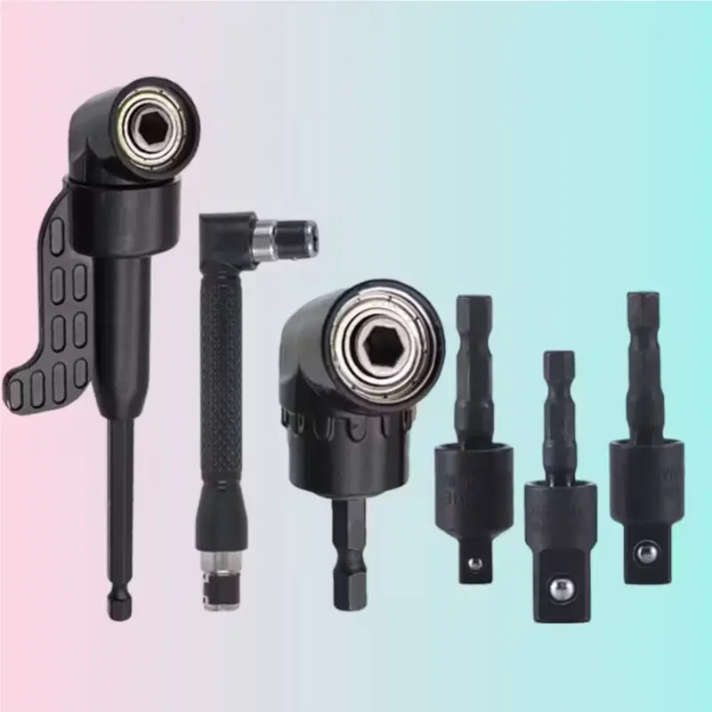 6-Piece Right Angle Drill Bit Set, Includes 3 Rotating Sockets (1/4", 3/8", 1/2"), 2 Hex Shank Adapters, 90-Degree Beveling Tool