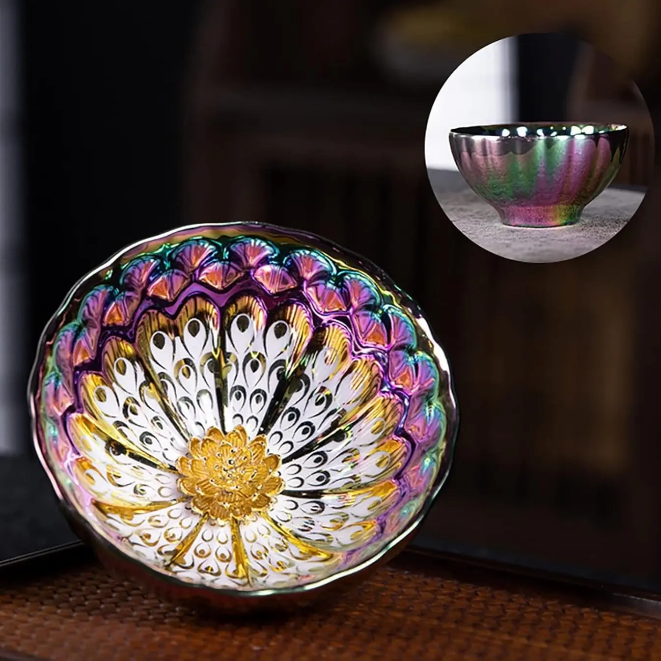 Exquisite Multi-Color Glazed Kung Fu Teacup with Peacock & Peacock Tail Design - Cup Drinkware, Glass Cups, Zen Home Decor, Premium Gift for Tea Lovers & Collectors