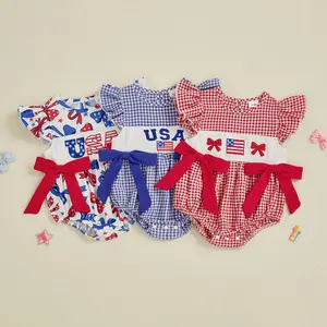 Imcute 4th of July Infant Baby Girl Outfit Smocked Bubble Romper Newborn Plaid Bodysuit Cute Toddler Summer Independence Day Clothes 0-18 Months