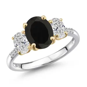 Gem Stone King 925 Silver and 10K Yellow Gold Black Onyx and DEF Lab Grown Diamond Engagement Ring For Women | 3.06 Cttw | Oval 9X7MM | December Birthstone