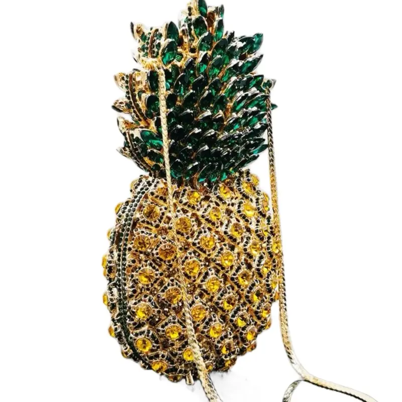 Mini Pineapple Shaped Crystal Evening Bags Luxury Fruit Design Dinner Clutch Purses with Rhinestones All Handmade Crystal Diamond Clutches Metal Chain for Party Prom Events Best Gifts with Box