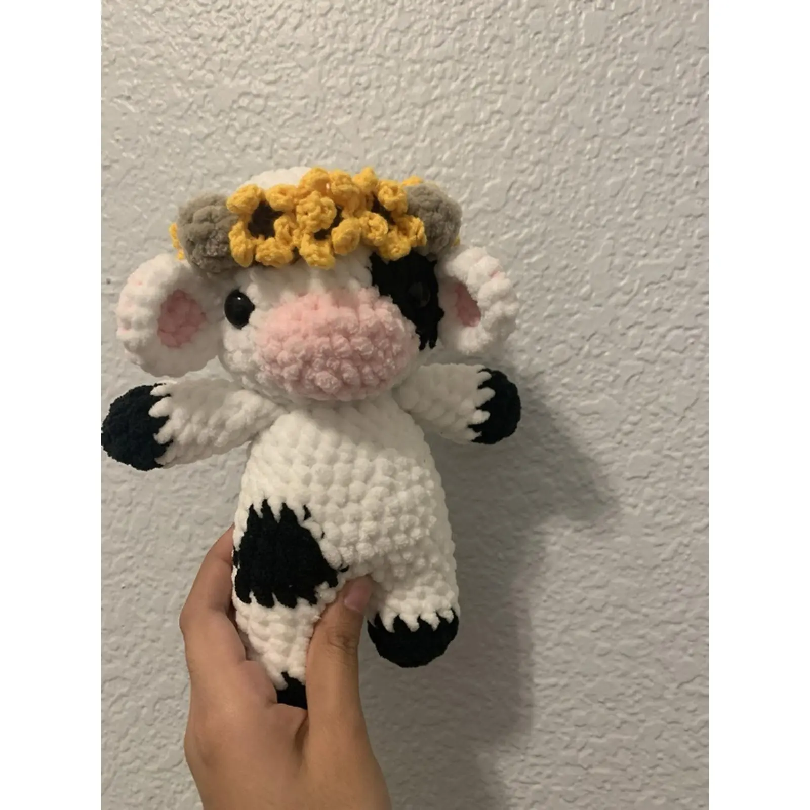 Sunflower Crochet Cow - Adorable Handmade Amigurumi with Yellow Floral Crown and Black Spot Details