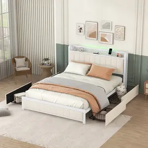 【Back to School SALE】Queen Upholstered Bed Frame with LED Headboard, USB Ports, and 4 Storage Drawers NOT AMERLIFE