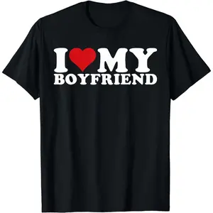 Love My Boyfriend Heart Print Cotton T Shirt for Couple Goals