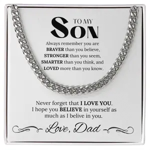 To My Son Cuban Link Chains Necklace, Son Birthday Gift Idea, Minimalist Jewelry with Message Card Box, Real Chains for Men