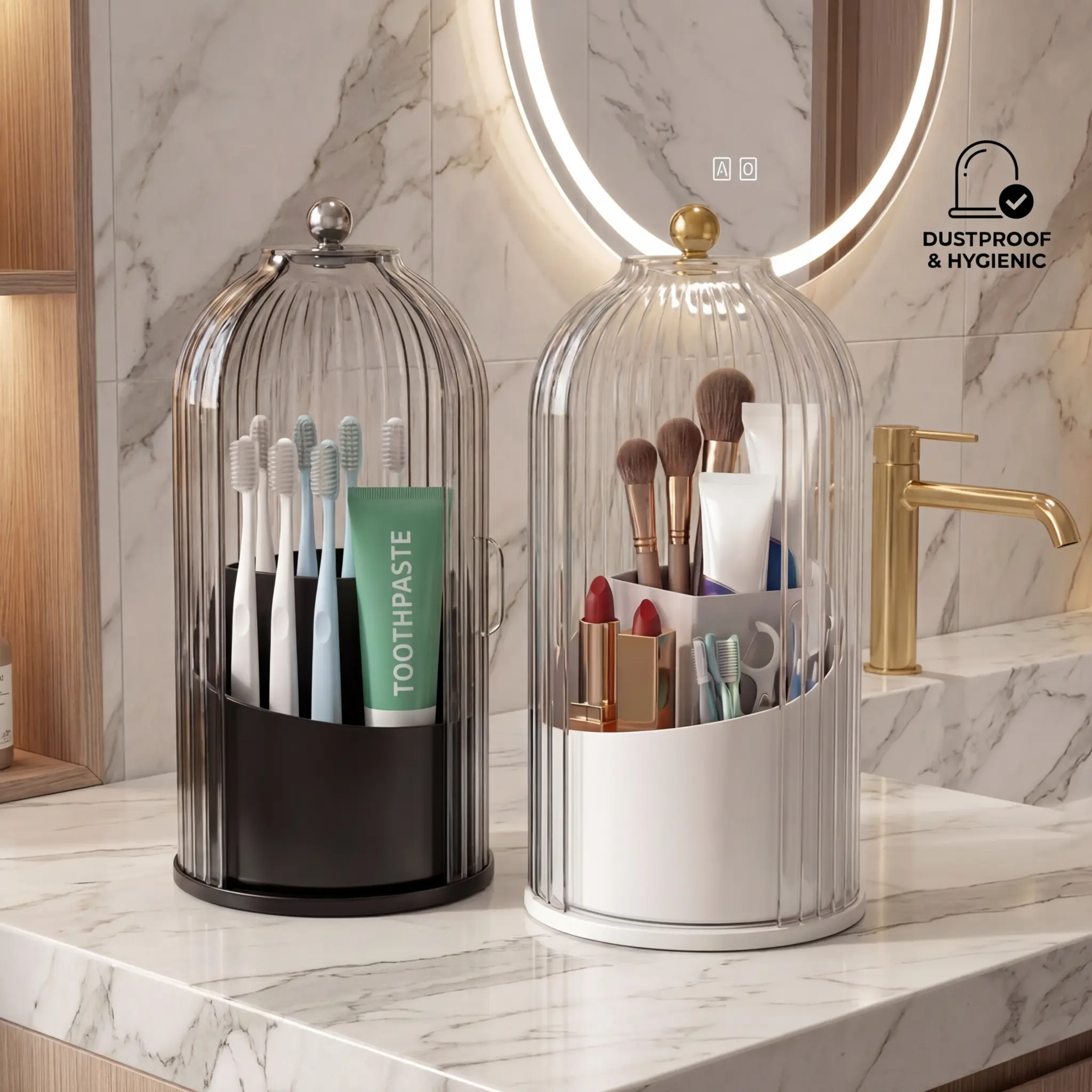 360° Rotating Round Classic Dome Beauty Organizer with Lid - Large-Capacity Waterproof Home Supplies, Aesthetic Organizational Storage Boxes for Vanity Organization, Bathroom Countertop Any Occasion