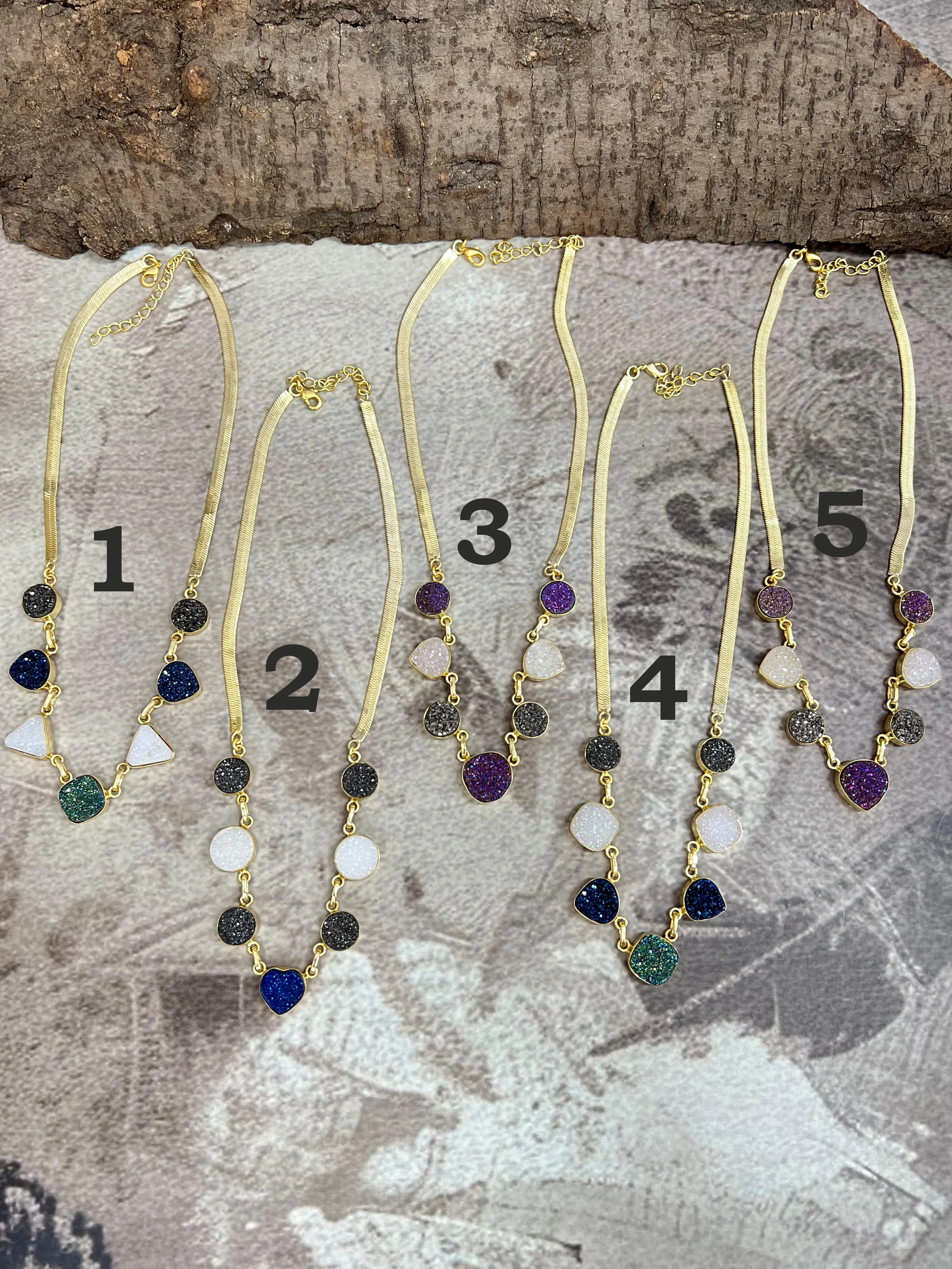 “The Boho Collection” Handmade Natural Druzy Herringbone Necklace