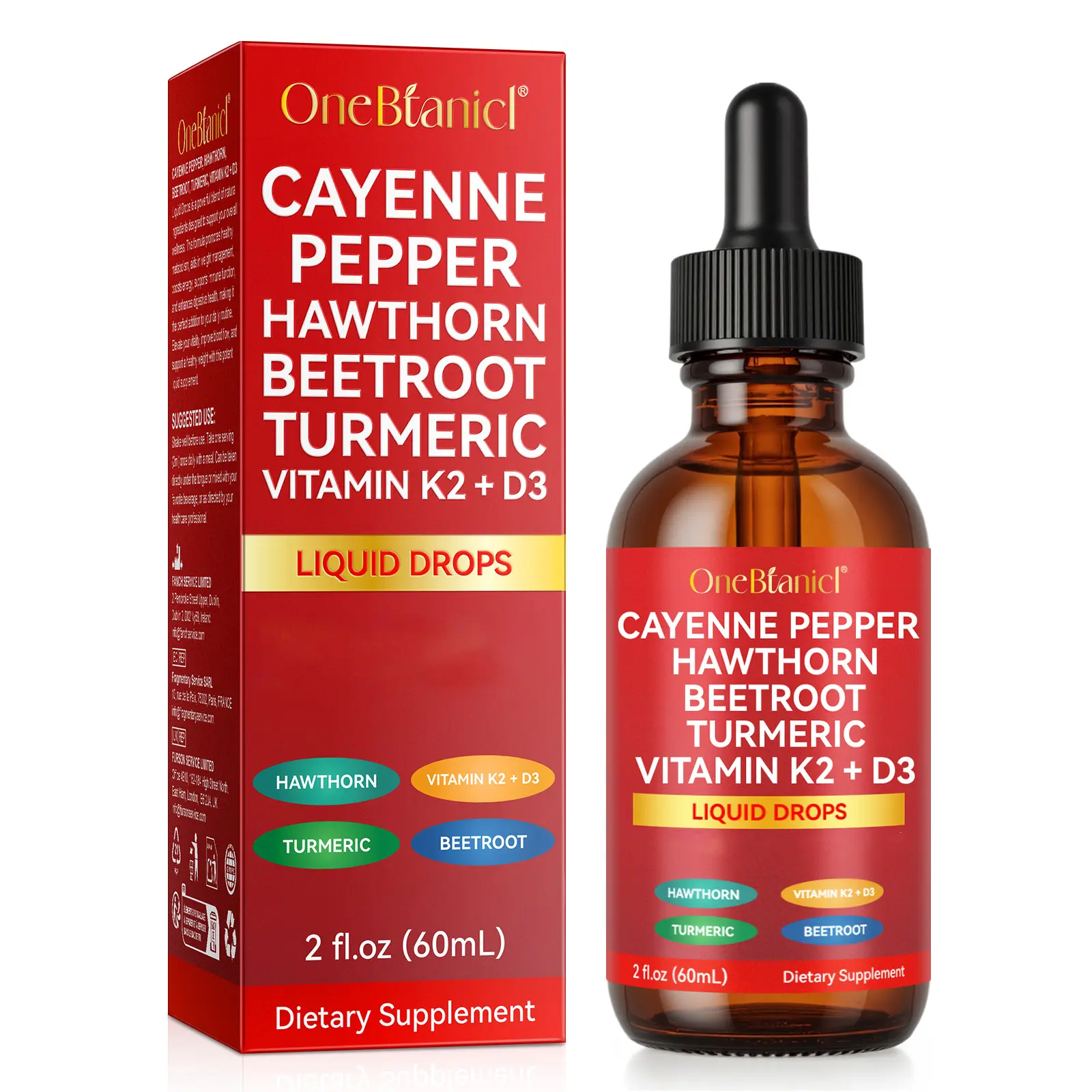 ONEBTANICL Natural Dietary Cayenne Pepper Drops Liquid Supplement with Hawthorn Berry, Vitamin D3 K2, Beet Root Powder, Ceylon Cinnamon, Turmeric Curcumin, Organic Panax Ginseng, Berberine Extract campingessentials