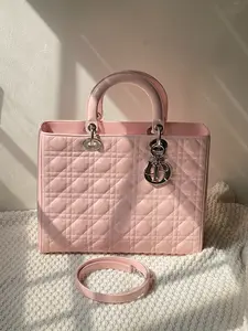 Pre-owned Dior Christian Lady Medium Patent Leather Bag in Soft Pink with Cannage Quilting & Detachable Strap for Versatile Use