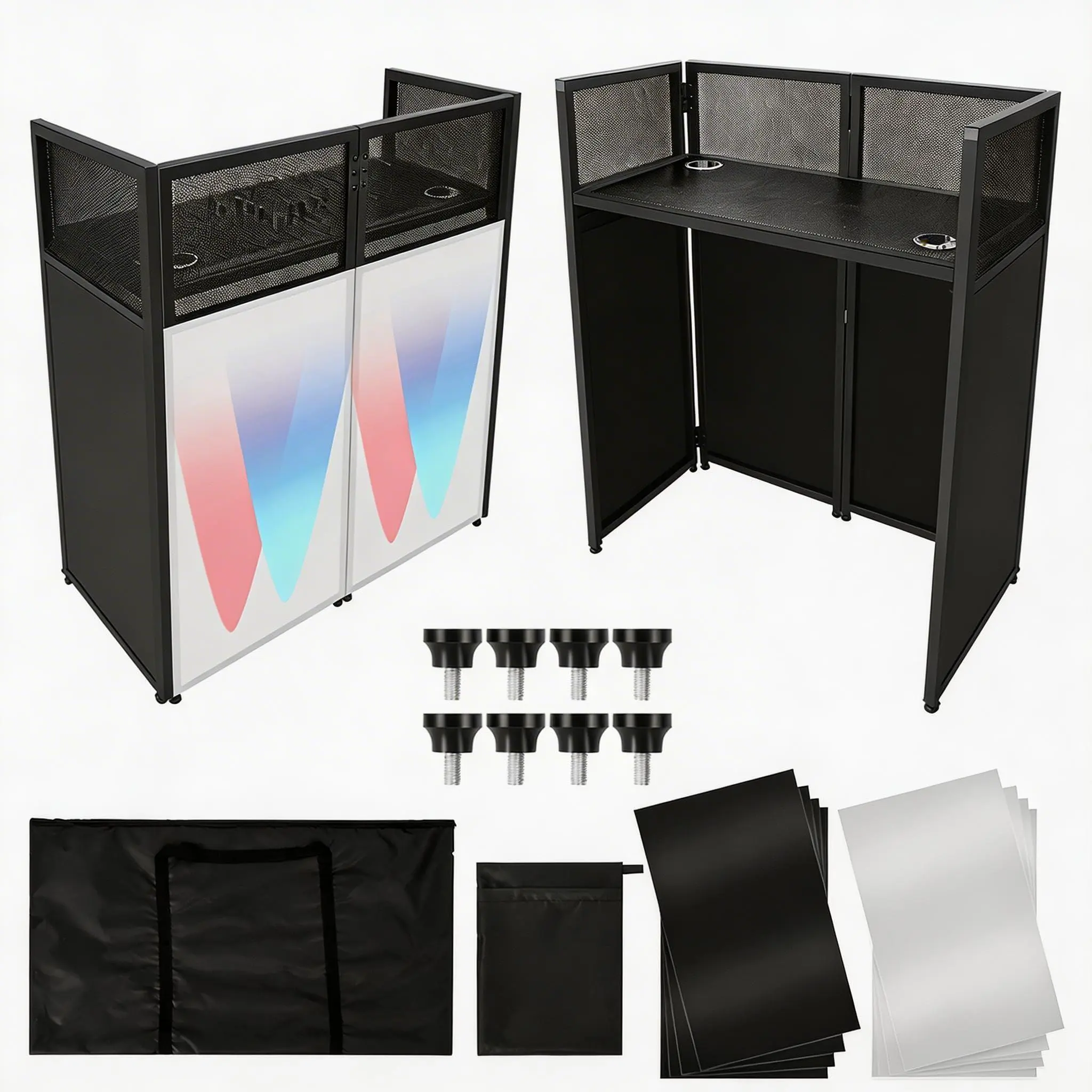 GARVEE Portable DJ Facade Booth - Foldable Stand with White & Black Lighting Scrim, 50"L x48"H x25"W Table Station, Black Metal Frame, Adjustable Feet, Sturdy Base, Easy Setup for Parties (52x43.2x26 in)