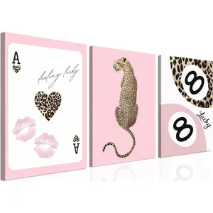 Leopard Canvas Wall Art Set of 3 - Pink Cheetah Prints Wall Decor Pictures, Funky Lucky You 8 Ball Poster Preppy Aesthetic Paintings, for Girls Bedroom Dorm Apartment 12x16 inch Framed