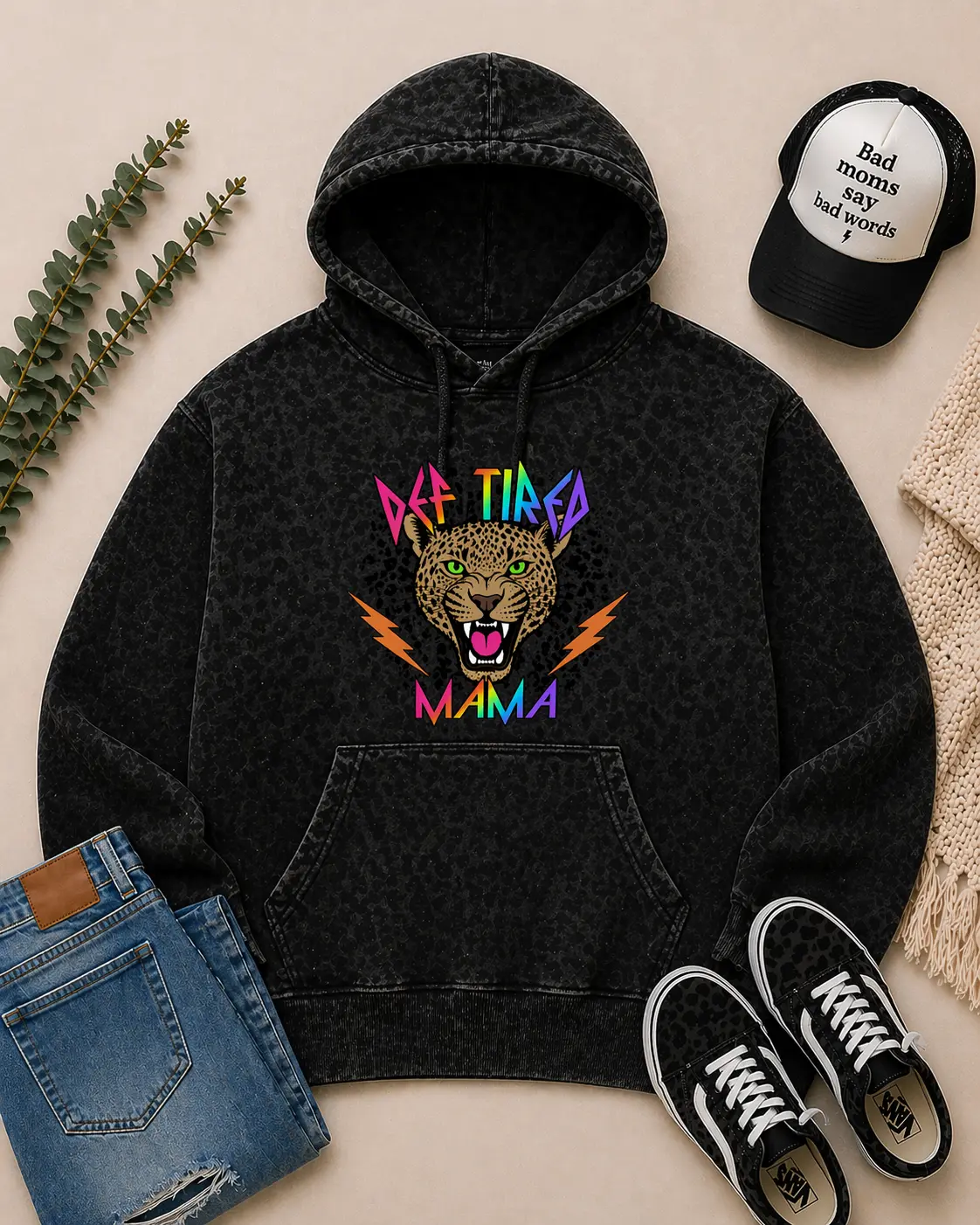 Mama tiger design on Black Leopard Hoodie