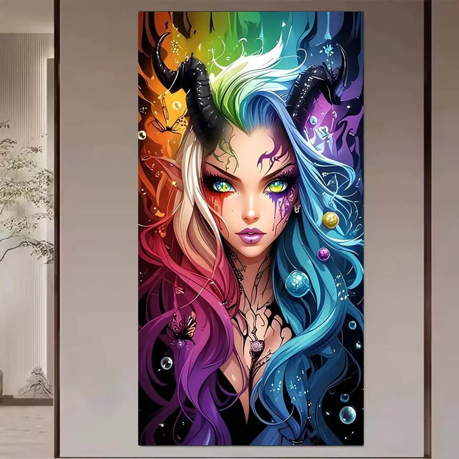1pcs 5D DIY diamond painting kit, 5D diamond art set, DIY decoration, Crafts, colorful curly hair, devil horns, Diamond painting kit with full round drills DIY, mosaic, diamond art, DIY art home decoration, suitable for Halloween, Diamond Art Tools