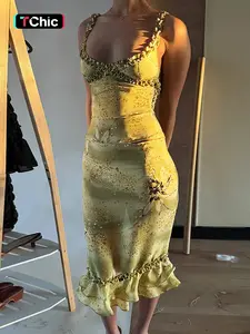 Women's Slim Long Skirt 2 Piecs Set, Sexy V Neck Ruched Spaghetti Strap Crop Floral Print + Bodycon Skirt Suit, Fashion Casual Skirt Two-Piece, Street Lady Clothing for Spring & Summer