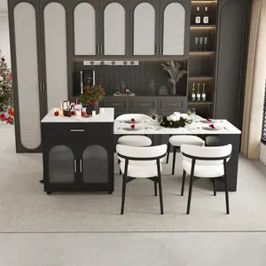 80-inch Expandable Kitchen Island with Dining Table, Marble-Grain Countertop with Power Outlet, Mobile Storage Cart with Cabinet & 2 Drawers, Kitchen Prep Table (Black)